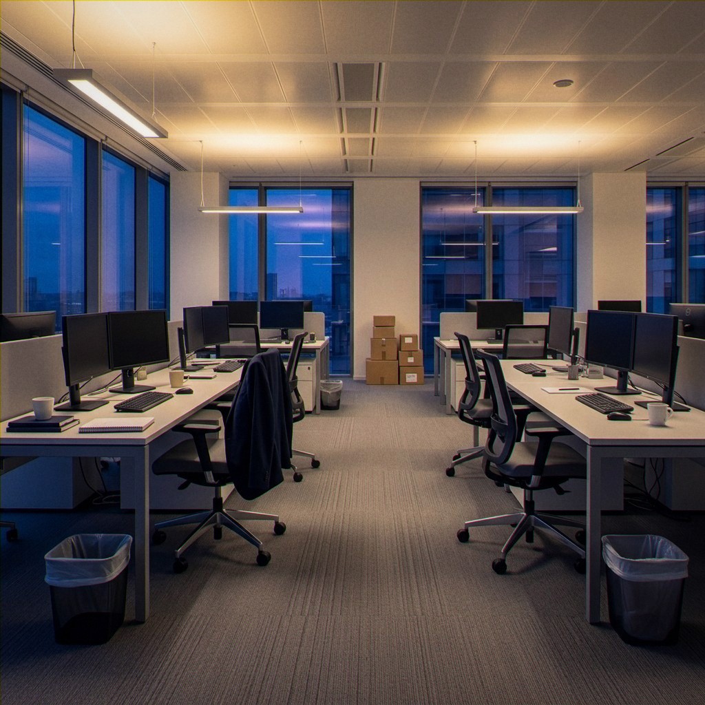 Office floor cleaned after hours, desks clear and bins emptied